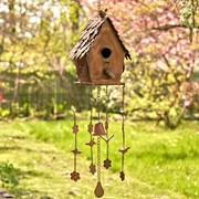 Zaer Ltd International Pre-Order: 39" Long Antique Copper Hanging Birdhouse Wind Chime "Cottage” ZR190557-A