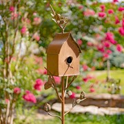 Zaer Ltd. International Pre-Order: 64.5"T. Antique Copper Finished Iron Birdhouse Stake with Sloped Roof ZR173714-A