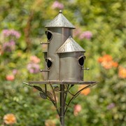 Zaer Ltd. International 74.25" Tall Plump Cylinder Triple Birdhouse Stake with Conical Roof in Silver ZR200251-SV