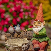 Zaer Ltd. International 15.35" Tall Spring Garden Gnome with Welcome Sign, Birds and Birdbath ZR244715