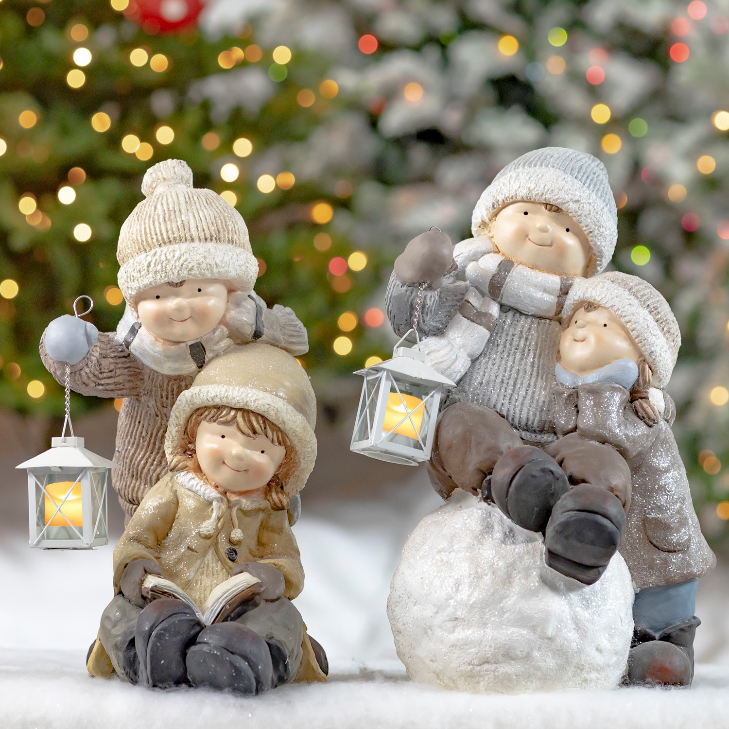 Zaer Ltd. International Set of 2 Tushka Figurines with Lanterns Playing in Snow "Snow Day" ZR960394-SET