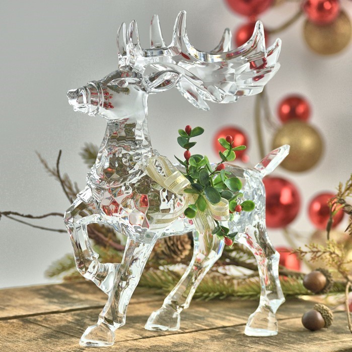 LARGE CLEAR ACRYLIC REINDEER WITH MISTLETOE DECORATION