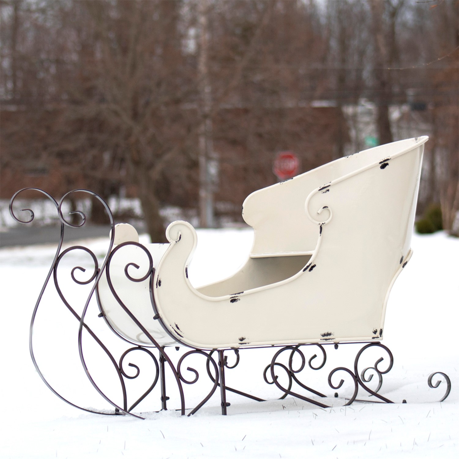 Medium Metal Holiday Sleigh Decoration In Antique White   Lg003063 