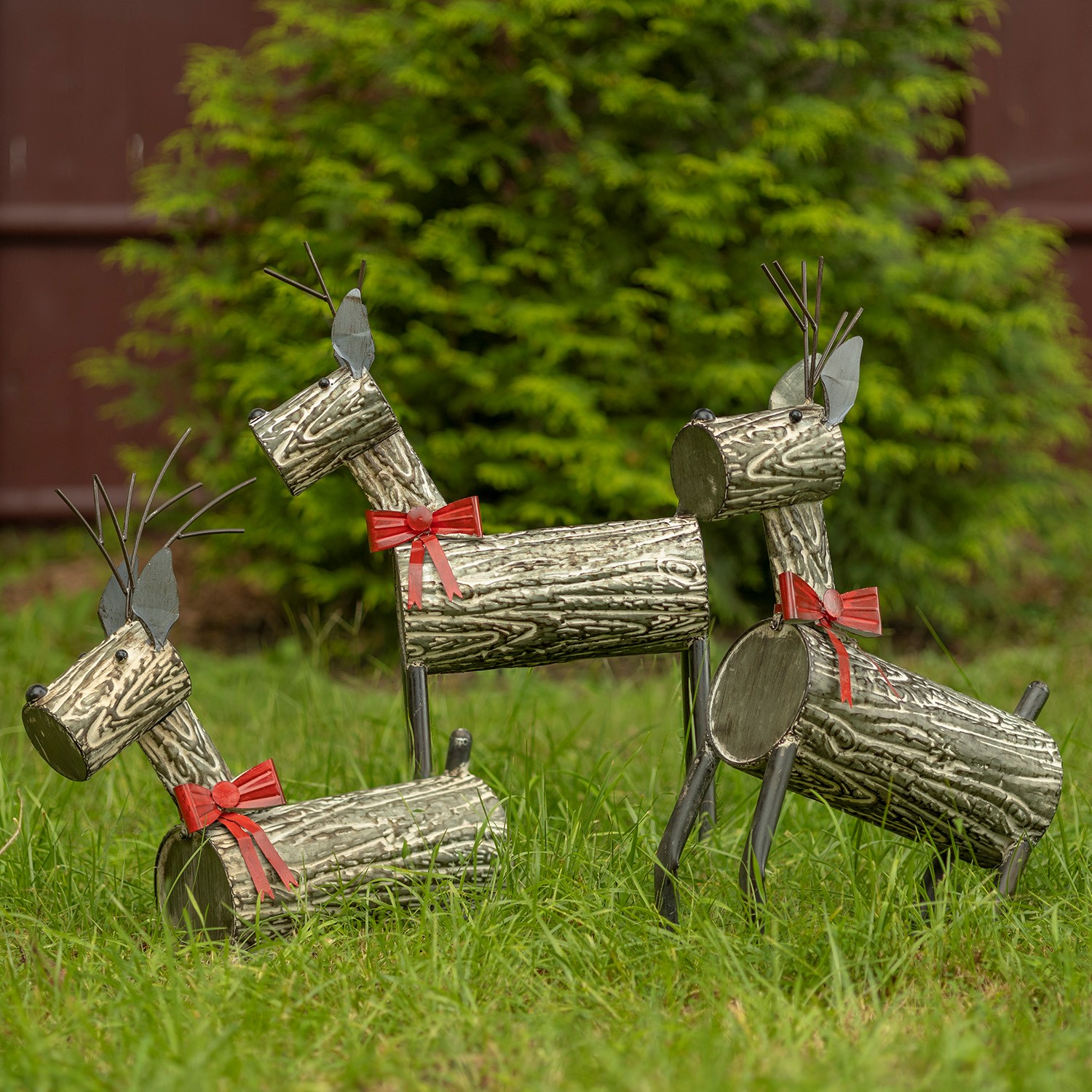 Set of 3 Galvanized "Tree Stump" Reindeer Figurines