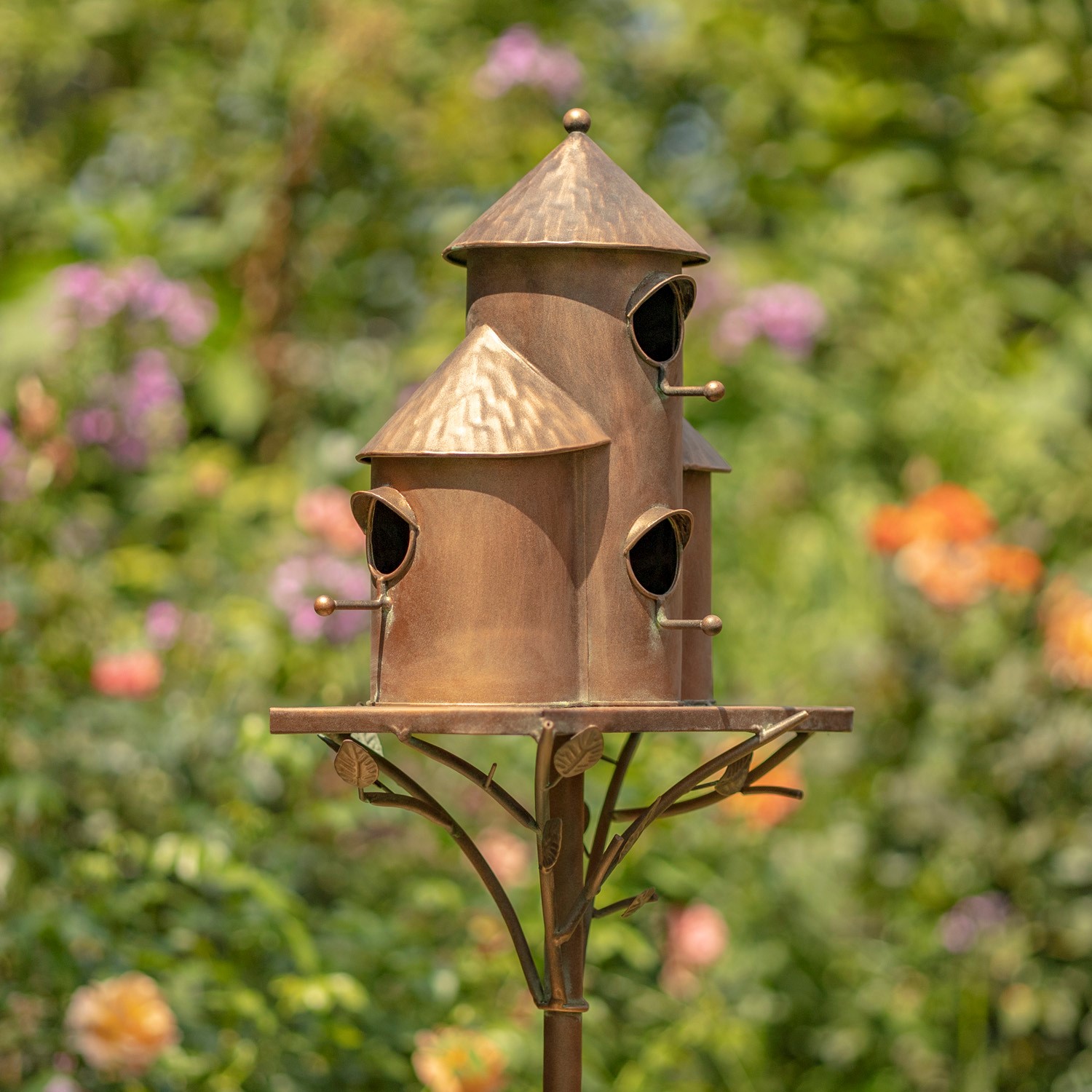 Zaer Ltd. International 74.25" Tall Plump Cylinder Triple Birdhouse Stake with Conical Roof in Copper ZR200251-CP