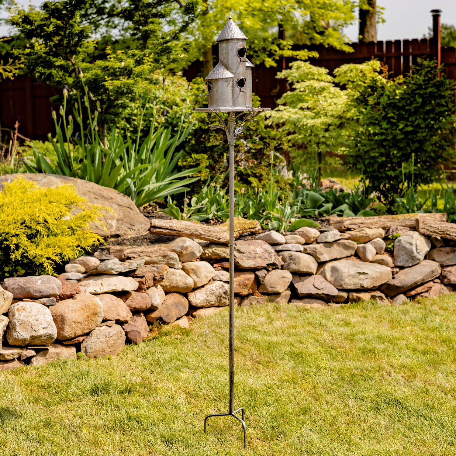 Zaer Ltd. International 73.5" Tall Cylinder Triple Birdhouse Stake with Conical Roof in Antique Silver ZR200250-SV