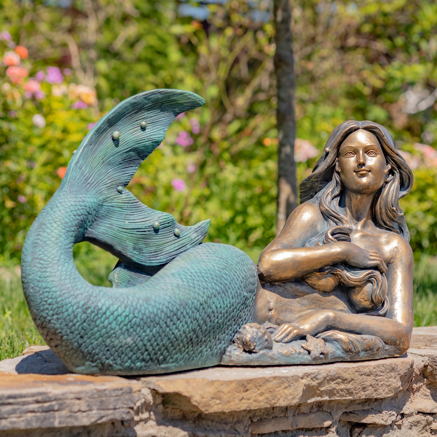 Zaer Ltd International Pre-Order: 37"T. Mermaid Lying Down Garden Statue in Antique Bronze "Finnleigh" ZR341137-BZ