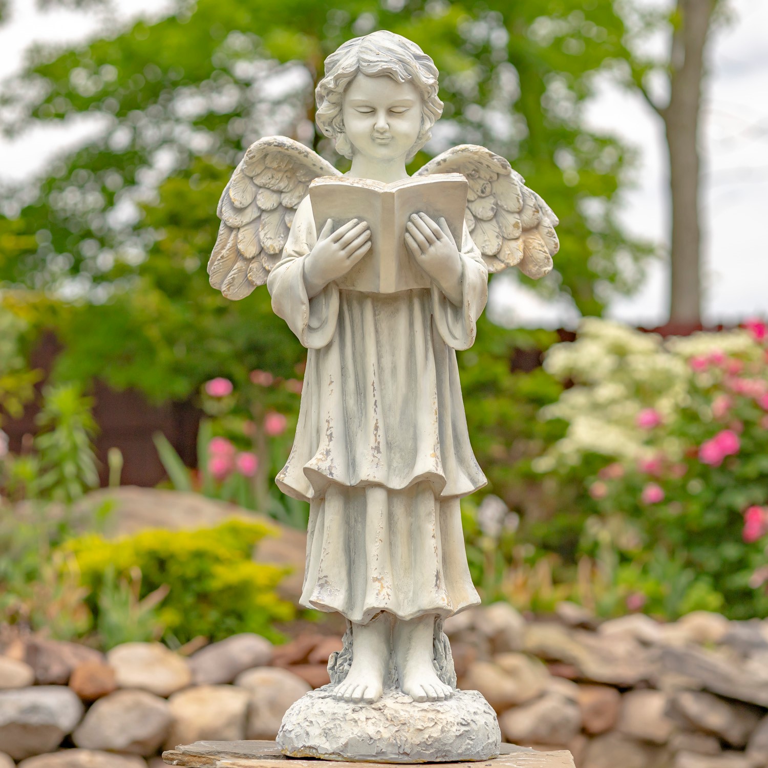 Zaer Ltd International 39" Tall Magnesium Angel Statue Reading a Book in Antique White "Symone" ZR341639-AW