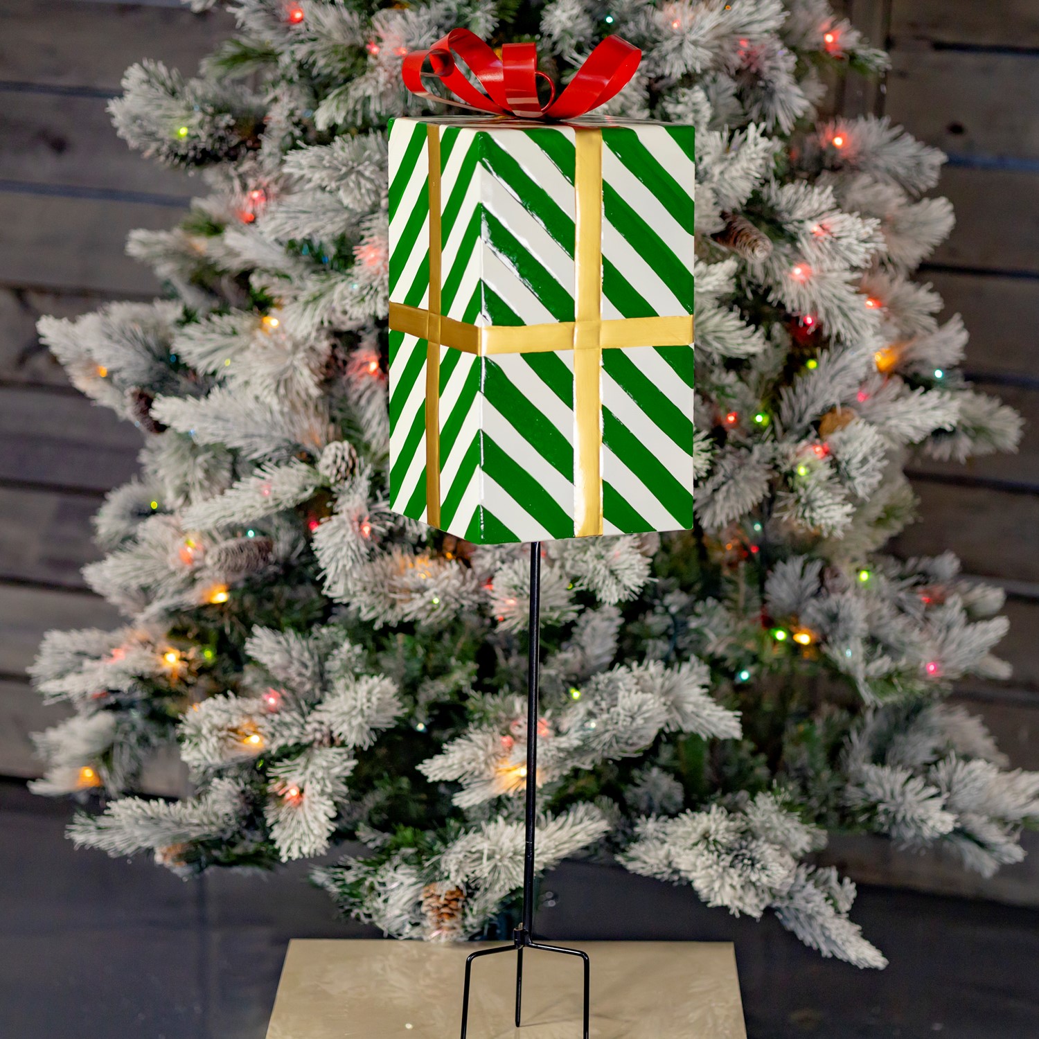 Zaer Ltd. International 37" Tall Green & White Striped Metal Christmas Gift Box with Stake ZR210514