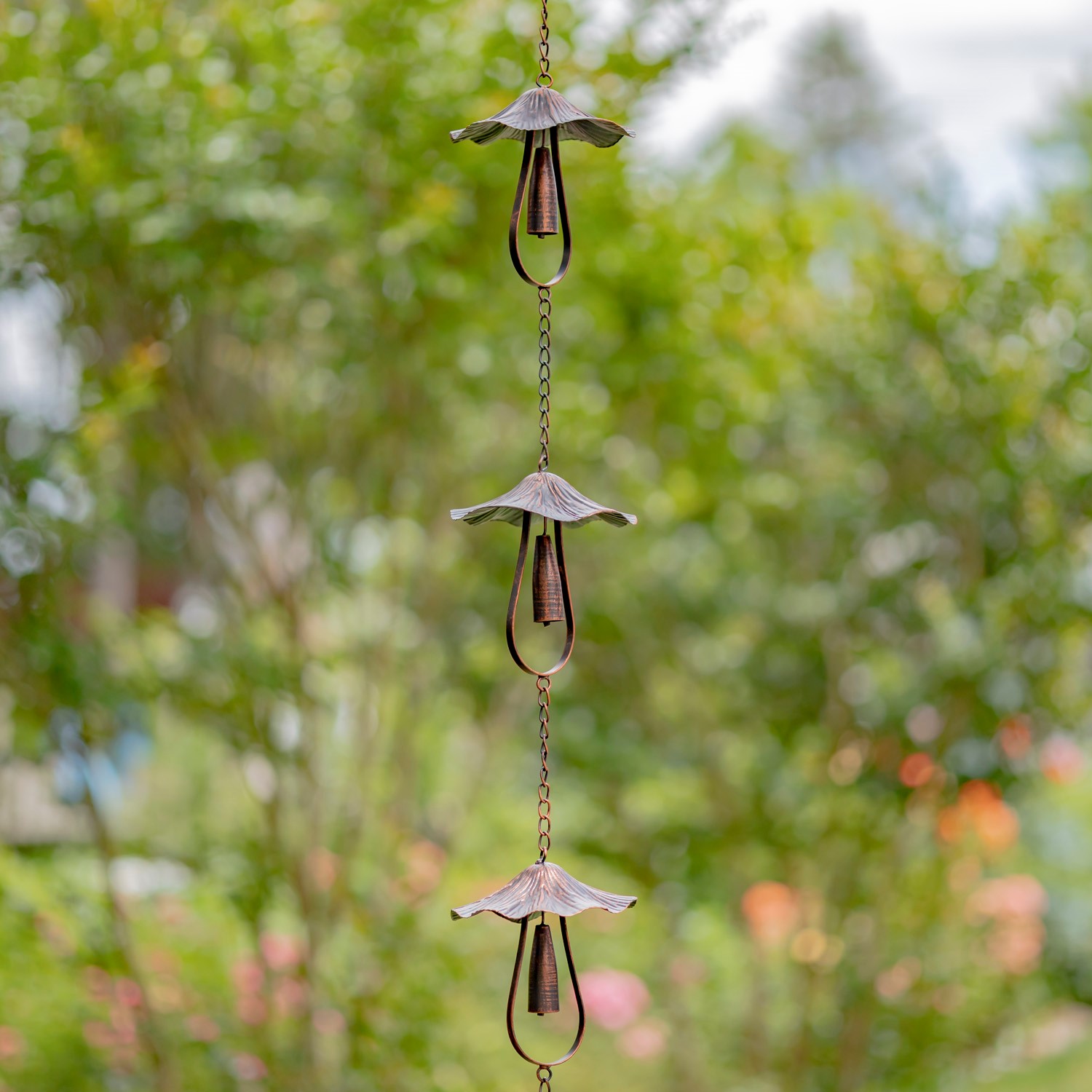 Zaer Ltd. International Pre-Order: 76" Long Antique Bronze Iron Rain Chain with Mushroom-Shaped Bells ZR215350-BZ