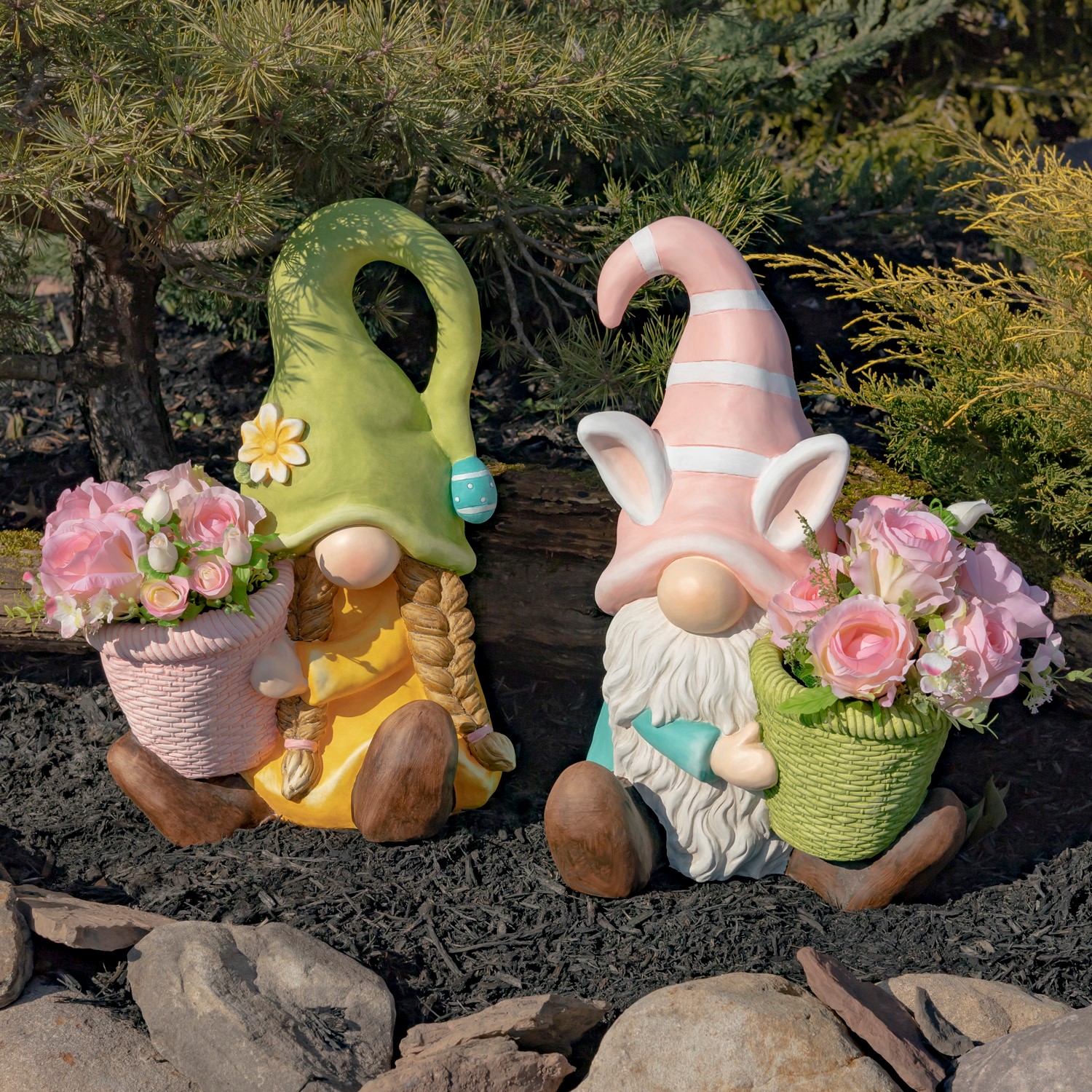 Set of 2 Assorted Spring Garden Gnomes with Planters