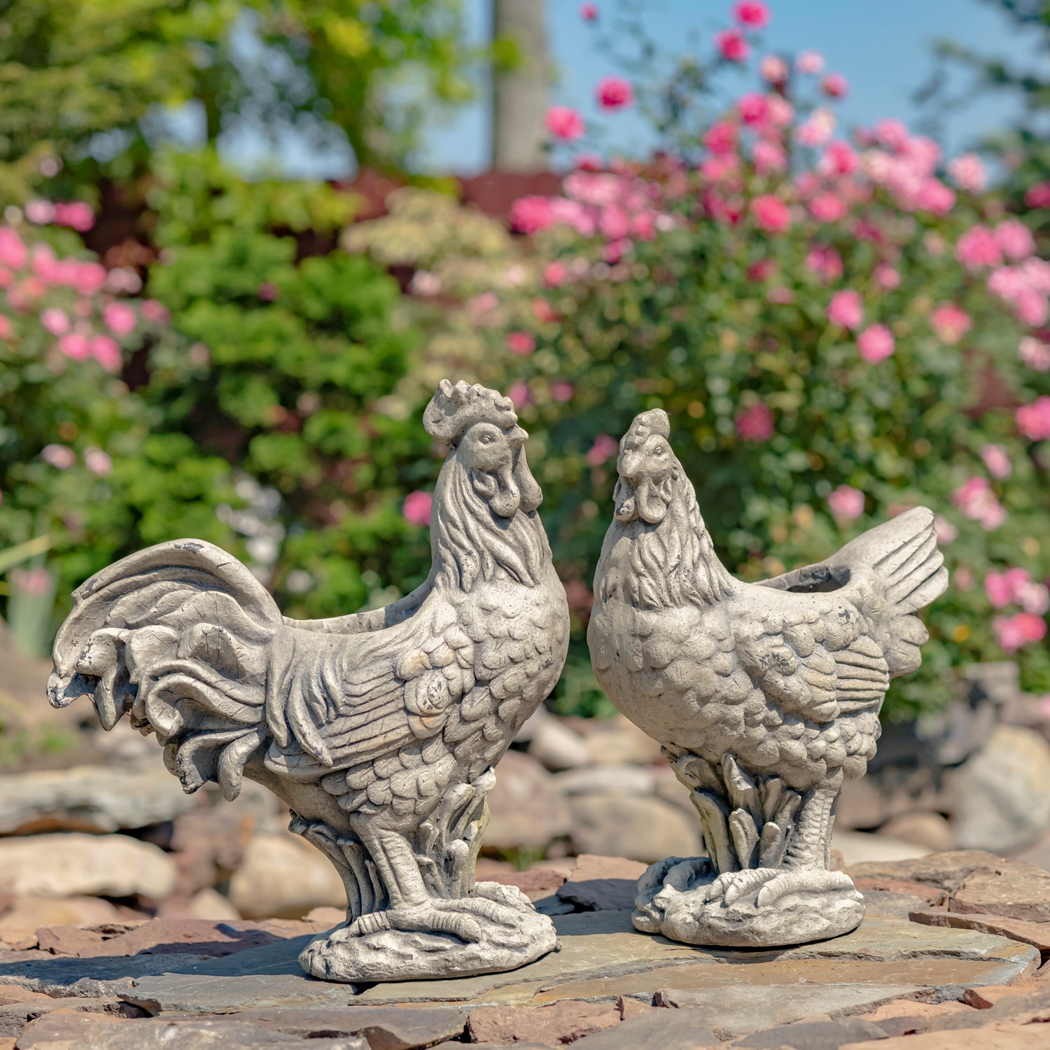 Zaer Ltd International Pre-Order: Set of 2 Magensium Hen and Rooster Planters "Rebel and Red" ZR204060-SET