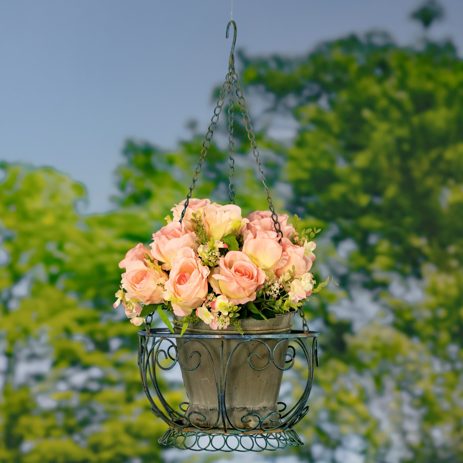 Zaer Ltd International 28.35" Long Hanging Iron Basket Planter in Cobalt Blue "Paris 1968" ZR180315-BL