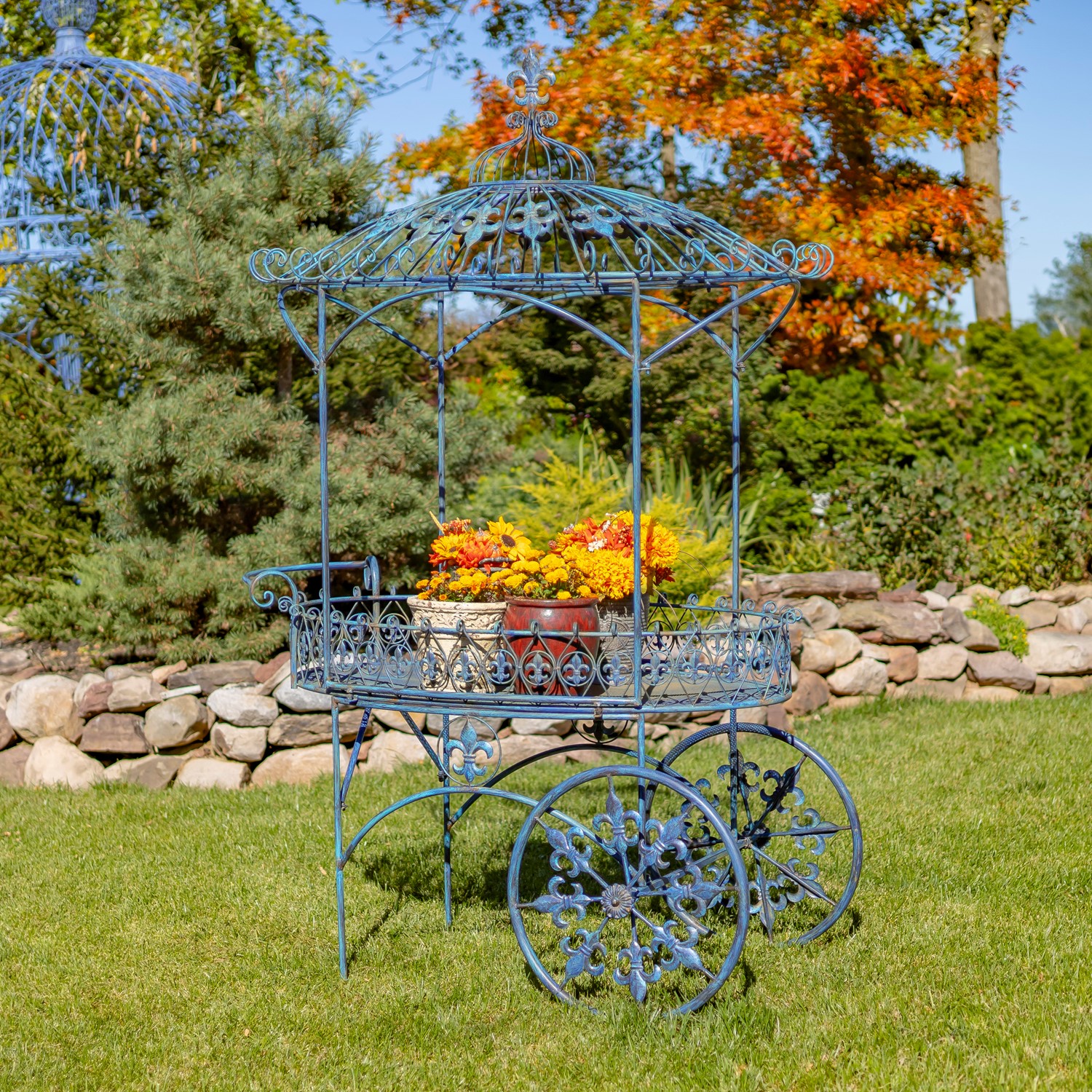 Zaer Ltd. International "La Rochelle" Parisian Inspired Flower Cart with Fleur-de-lis Details in Blue ZR200424-BL