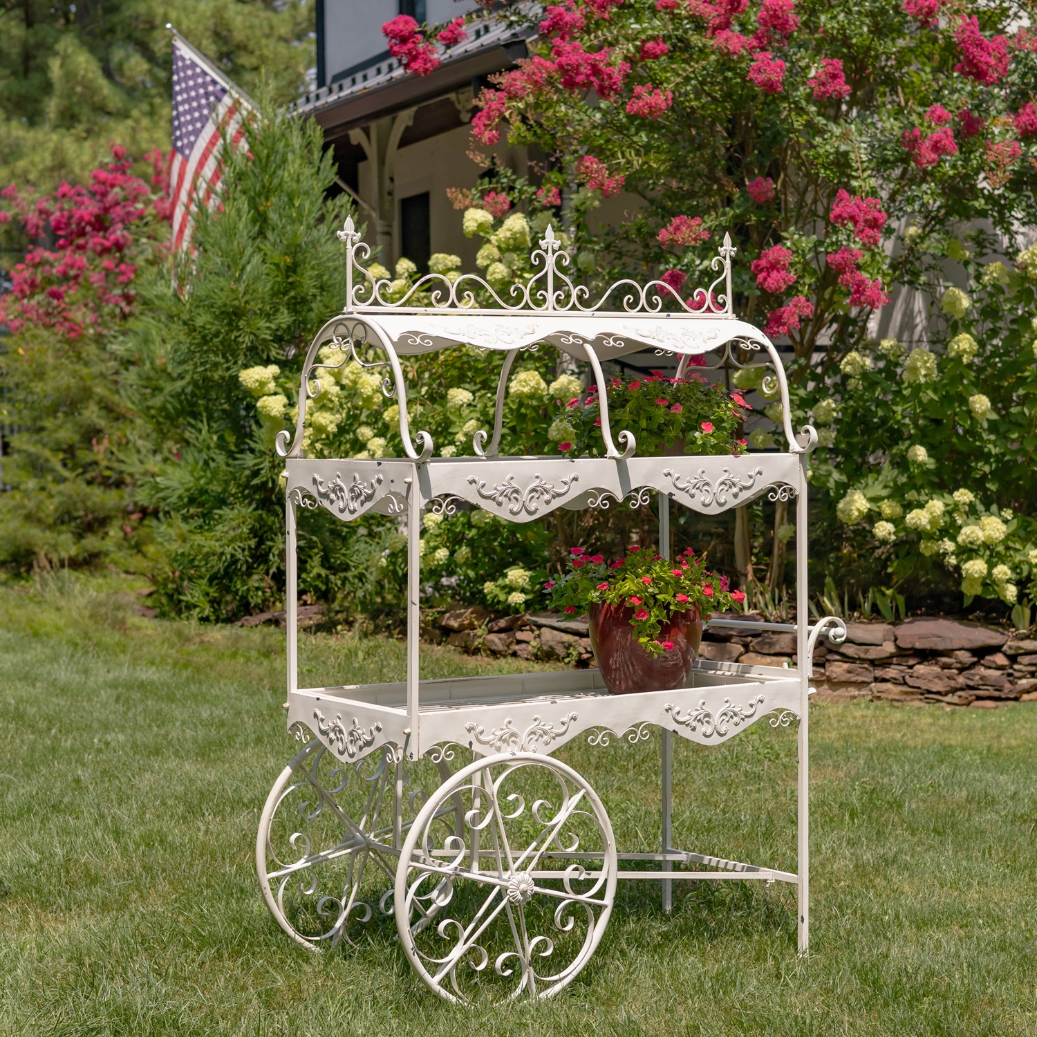 Zaer Ltd. International 6.5ft. Tall 2-Tier Parisian-Inspired Iron Flower Cart in Antique White "Avignon" ZR220885-AW