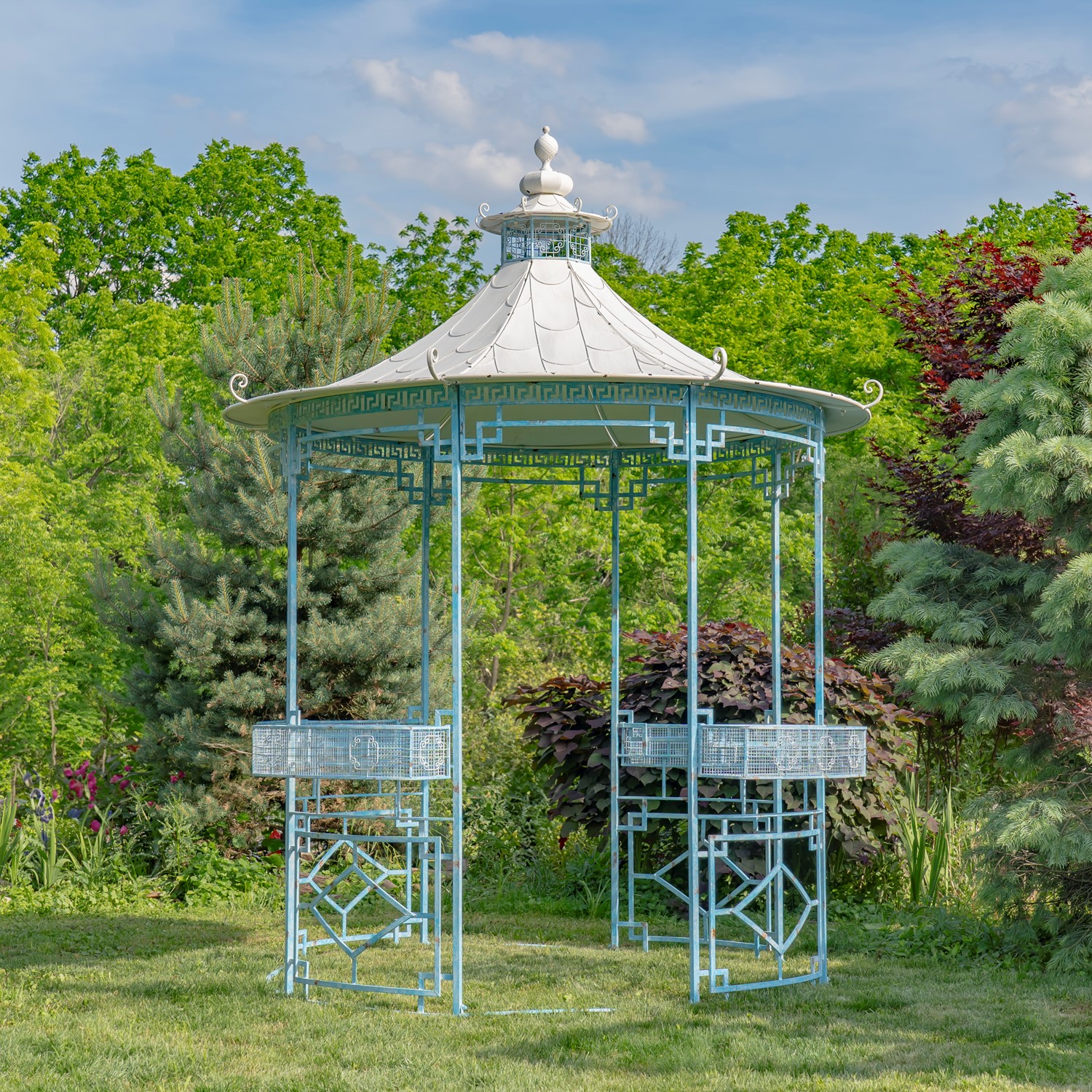 10.7ft. Tall Opulent Round Iron Gazebo with Side Walls & Planters 