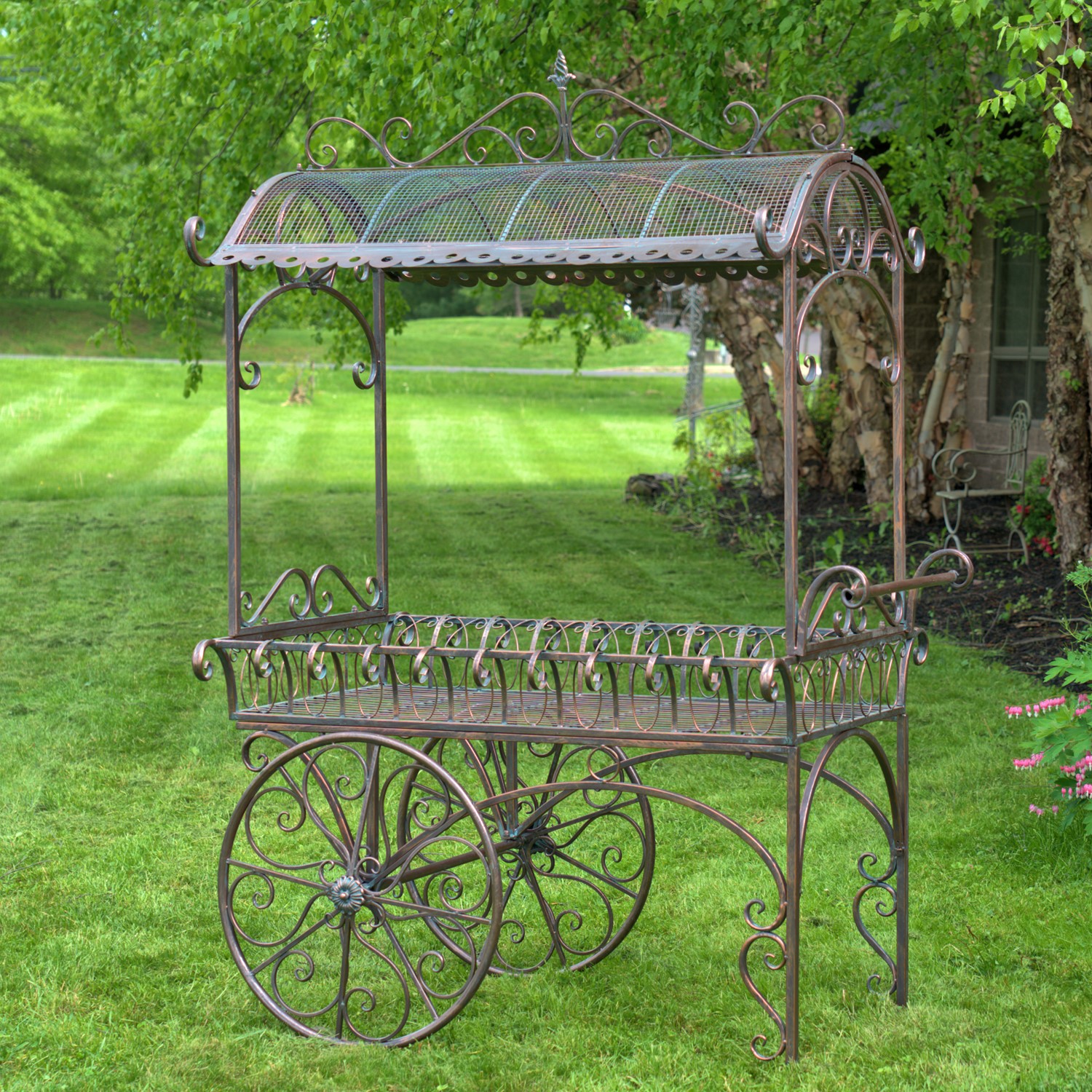 Zaer Ltd. International Pre-Order: "Tusheti" 78.74" Tall Large Iron Flower Cart with Roof in Cobalt Blue ZR180522-BL