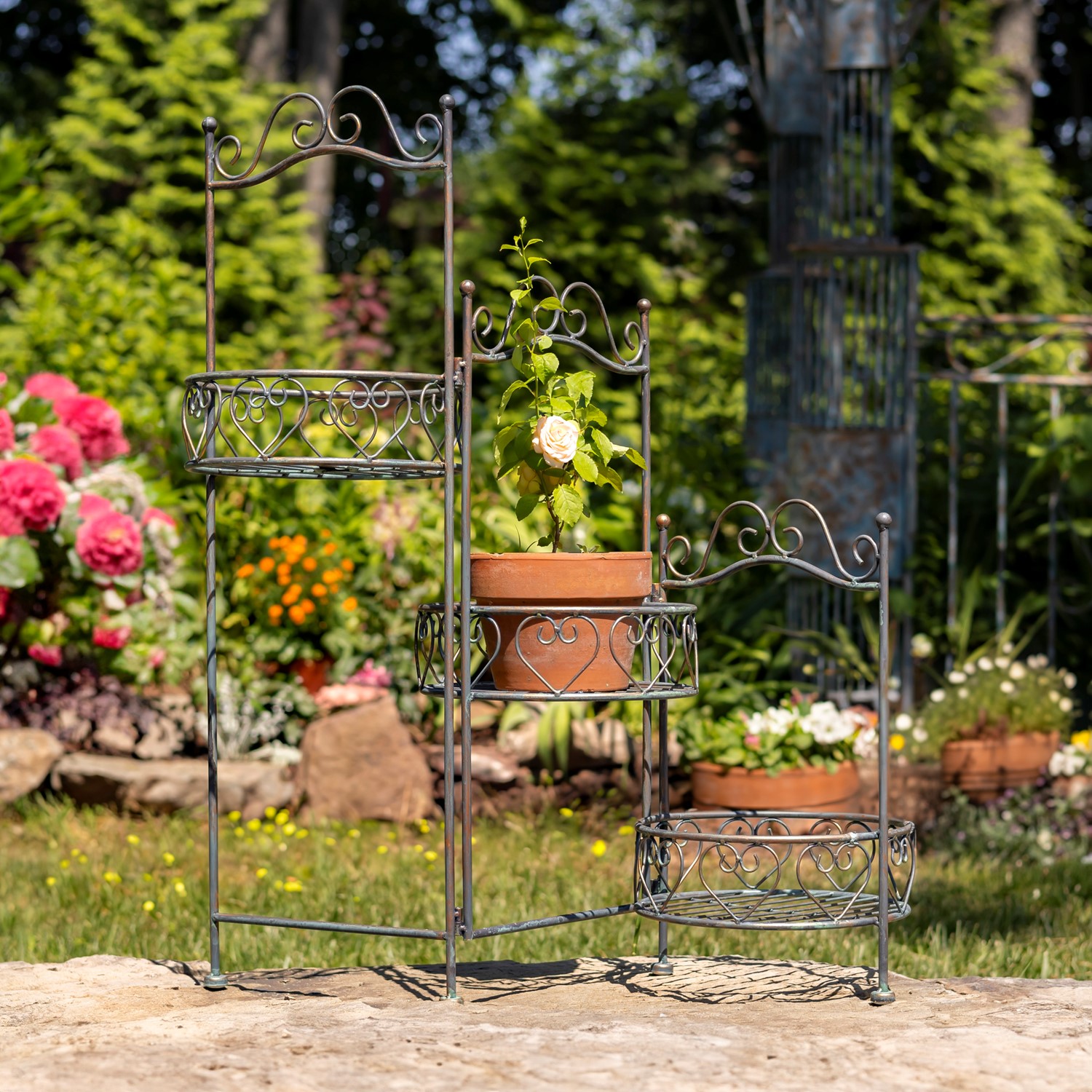 Zaer Ltd International 32.5" Three Basket Iron Trifold Plant Stand in Antique Bronze "Medellín 1972" ZR238105-BZ