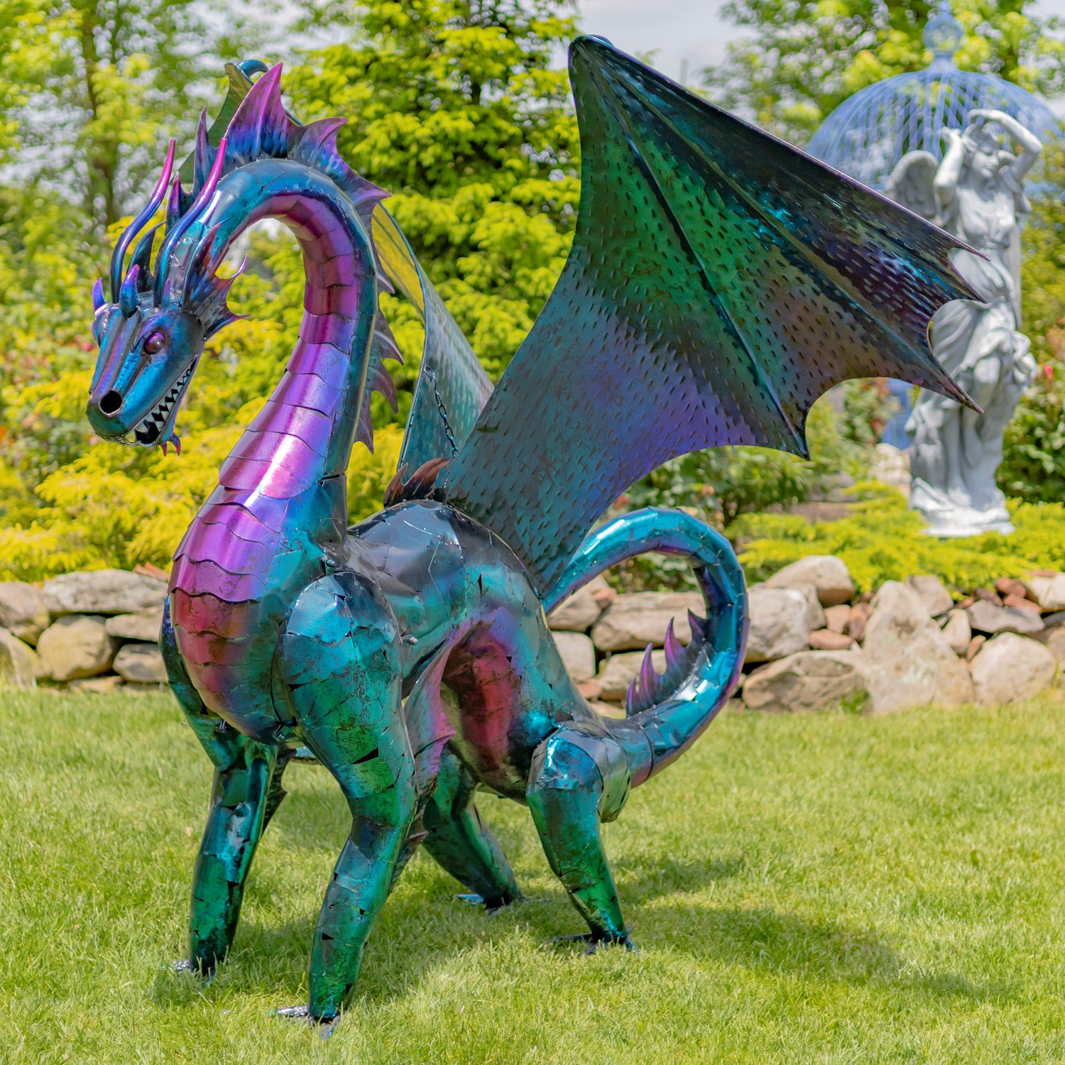 Zaer Ltd International 6ft. Tall Large Metal Dragon Statue with Oil-Slick Finish "Fiery Falkor" ZR190859