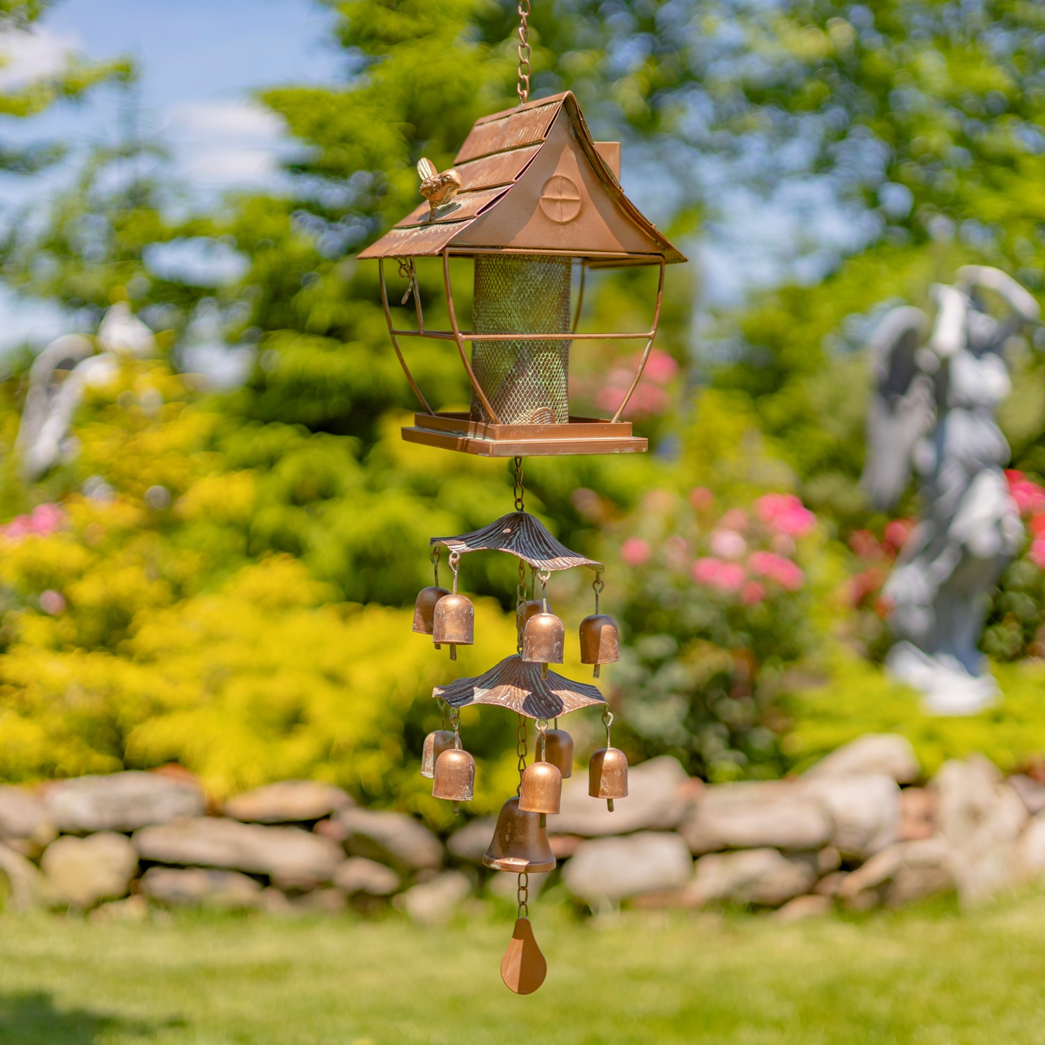 Hanging Iron Bird Feeder with antique copper top finish