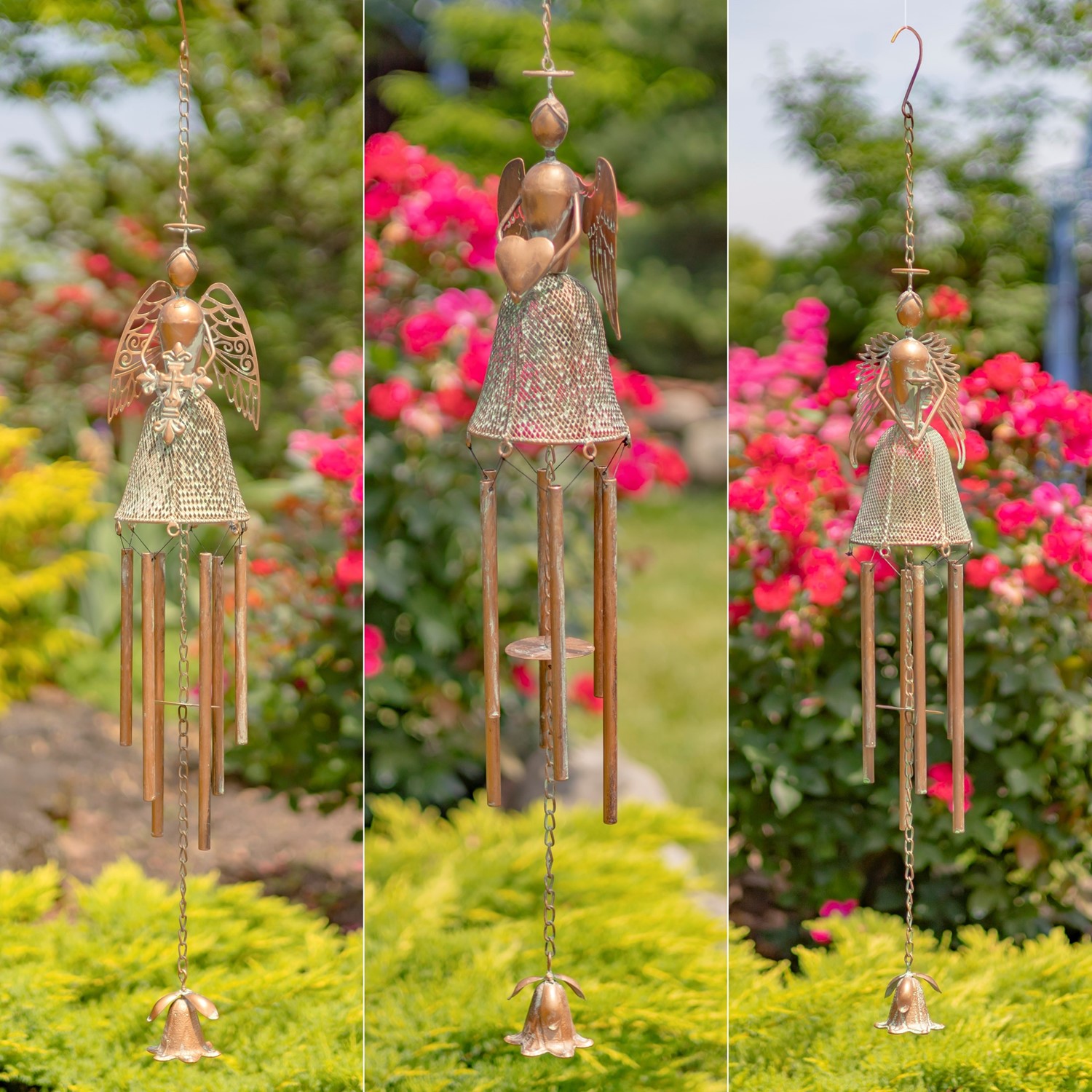 Set Of 3 Hanging Antique Copper Angel Wind Chimes 