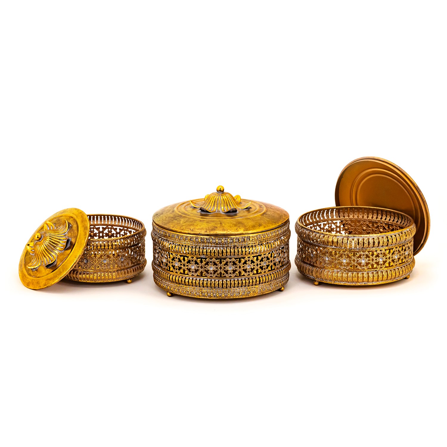 Zaer Ltd International Pre-Order: Set of 3 Assorted Ornate Metal Round Dome Boxes with Lids ZR231094-SET