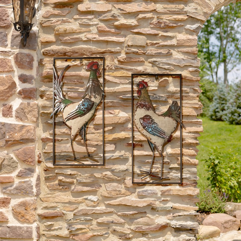 Zaer Ltd. International Set of 2 Rooster and Hen Three-Dimensional Framed Hanging Wall Decor ZR140937