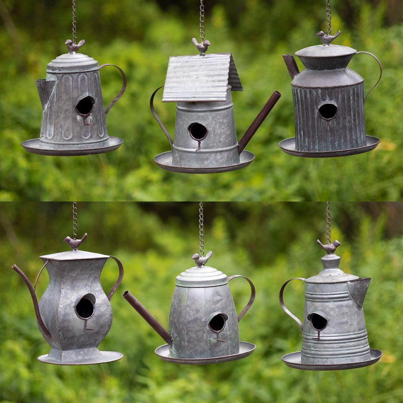 SET/6 ASSORTED HANGING GALVANIZED TEAPOT BIRDHOUSES