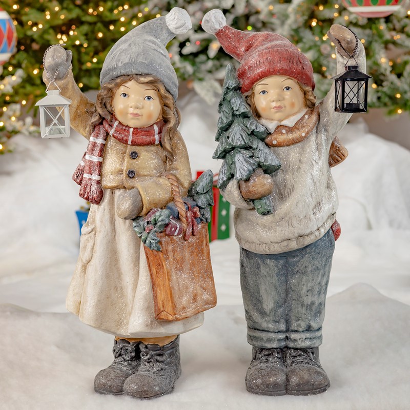 Zaer Ltd International Set of 2 "Winter's Night" Standing Tushkas Holding Lanterns & Christmas Tree ZR117612