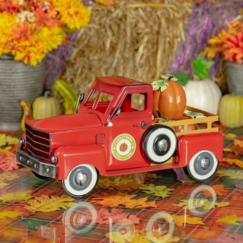 Small Harvest Pickup Truck with Pumpkins in Glossy Red