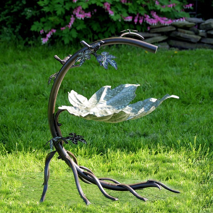 Zaer Ltd International Pre-Order: 29" Tall Galvanized Maple Leaf Birdbath with Birds ZR180154-GV