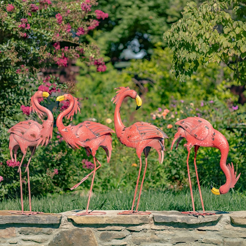 Zaer Ltd International Set of 4 Assorted Style Distressed Pink Flamingo Metal Garden Decorations ZR190635-SET