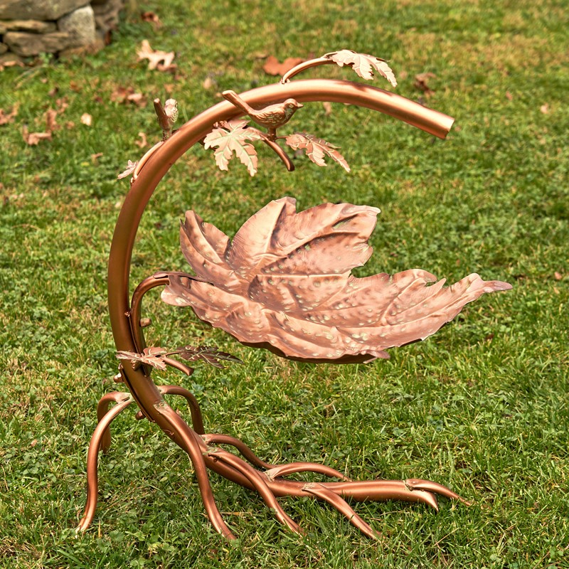 Zaer Ltd International Pre-Order: 29" Tall Antique Copper Maple Leaf Birdbath with Birds ZR180154-CP