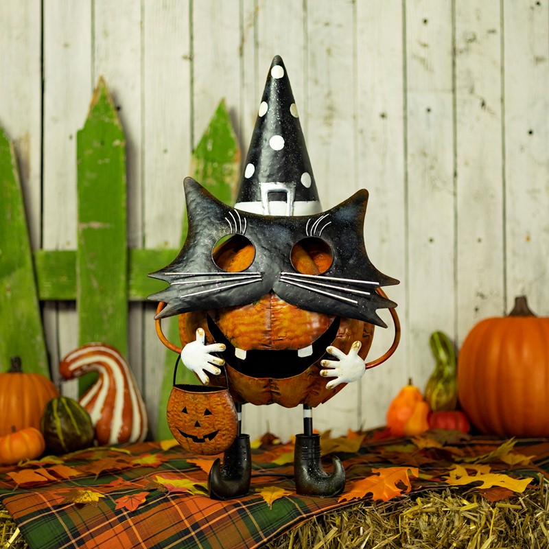 Zaer Ltd International "Binx" 26" Tall Iron Pumpkin Masquerade Cat Halloween Figurine ZR195975