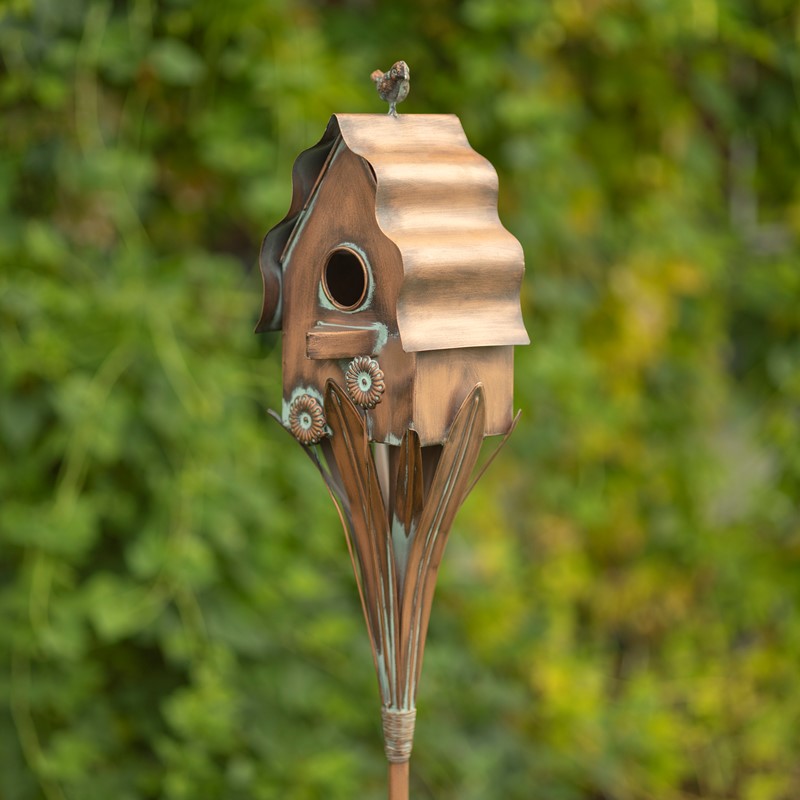 Zaer Ltd. International 62.6" Tall Cottage Style Birdhouse Garden Stake in Antique Copper LS213029