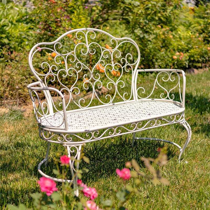 Zaer Ltd. International Esme Iron Garden Bench with Heart Designs in Antique White "Paris 1968" ZR200485-AW