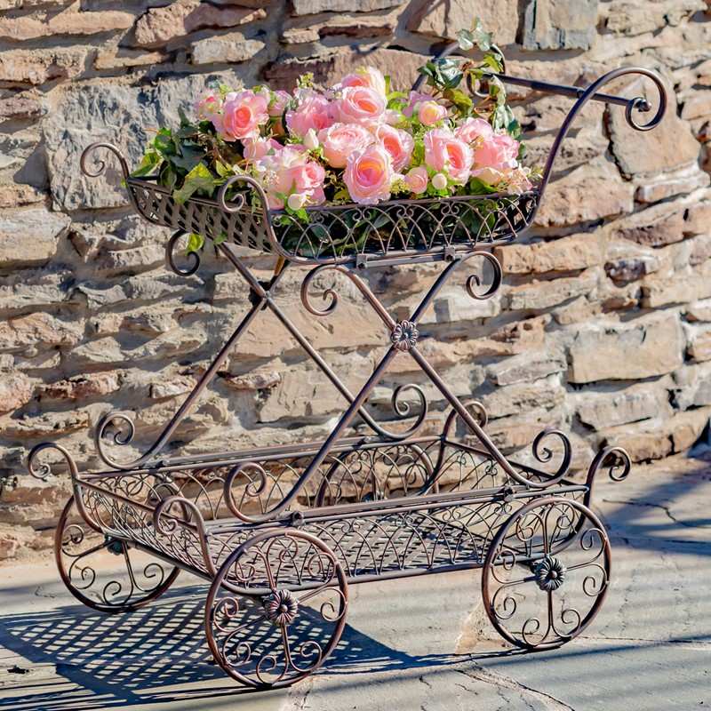 Zaer Ltd. International Pre-Order: Two Tier Iron Flower Push Cart in Antique Bronze "Odesa 1794" ZR160260-BZ