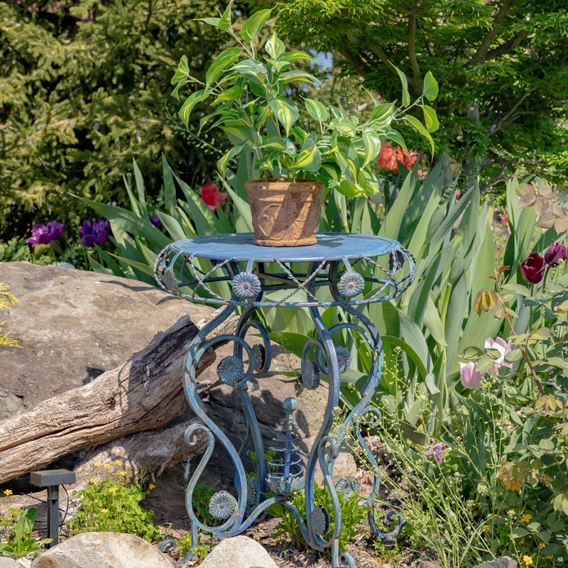 Zaer Ltd. International 25.2" Tall Round Iron Table with Aster Flower Accents "Copenhagen 1843" ZR200520-BL