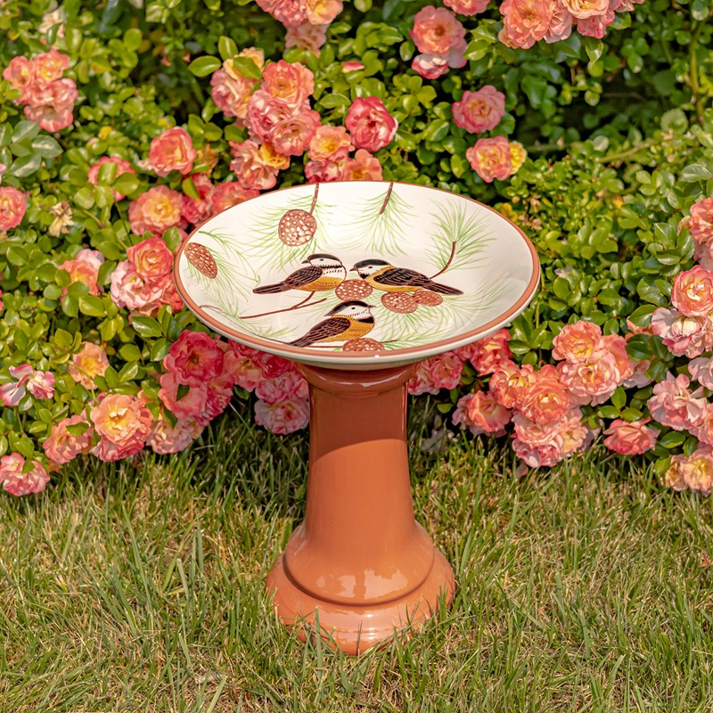 Zaer Ltd. International 15" Tall Porcelain Pedestal Birdbath with Hand Painted Birds in Pinetree "Finch" ZR188163