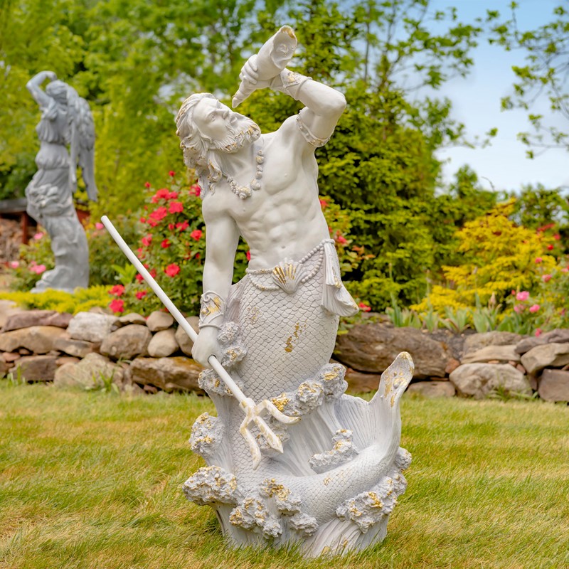 Zaer Ltd. International Pre-Order: 52" Tall Magnesium Merman Garden Statue w/Seashell Spyglass "Peter" ZR343252-GY