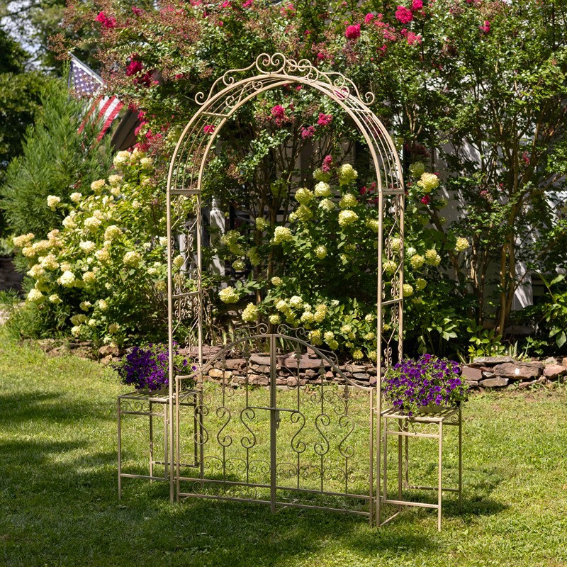 Zaer Ltd. International 96" Tall Garden Gate Archway with 2 Side Plant Stands in Ant. White "Genevieve" ZR135980-AW