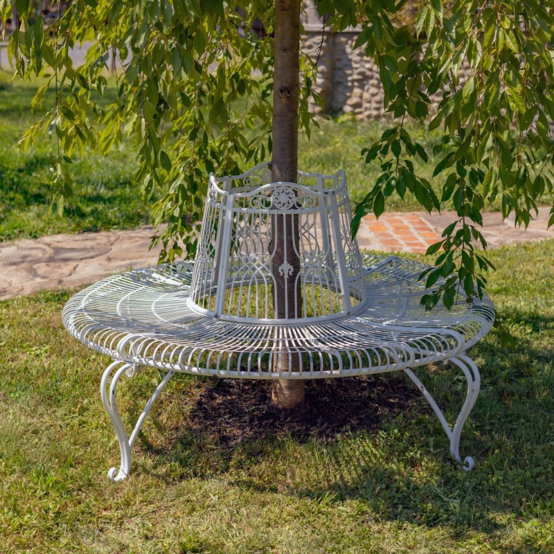 Zaer Ltd. International 61.5" Victorian Style Round Metal Tree Bench in Antique White "Paris 1968 ZR150645-AW