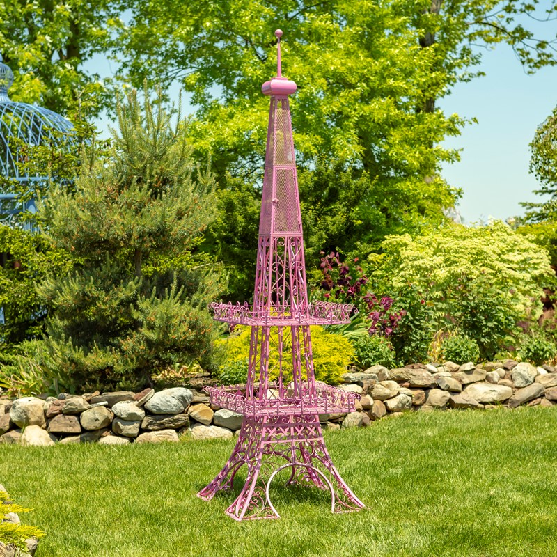 Zaer Ltd. International 9ft. Tall Two-Tier Eiffel Tower-Inspired Iron Plant Stand in Antique Pink ZR220882-PK