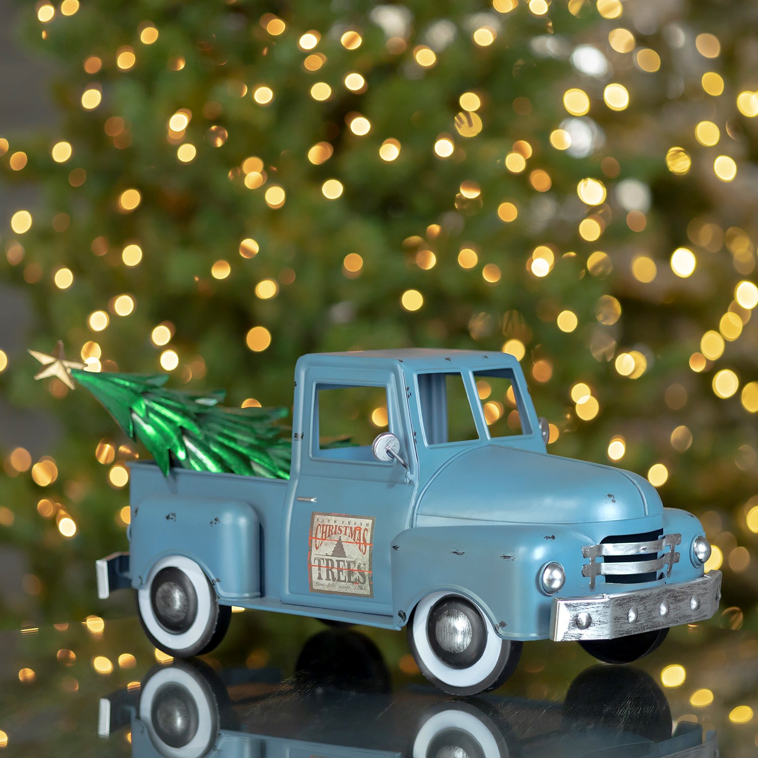 Iron Christmas Old Style Truck with Tree in Soft Green