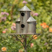 Zaer Ltd. International 74.25" Tall Plump Cylinder Triple Birdhouse Stake with Conical Roof in Silver ZR200251-SV View 2