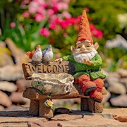 Zaer Ltd. International 15.35" Tall Spring Garden Gnome with Welcome Sign, Birds and Birdbath ZR244715 View 2