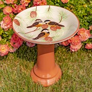 Zaer Ltd. International 15" Tall Porcelain Pedestal Birdbath with Hand Painted Birds in Pinetree "Finch" ZR188163 View 2