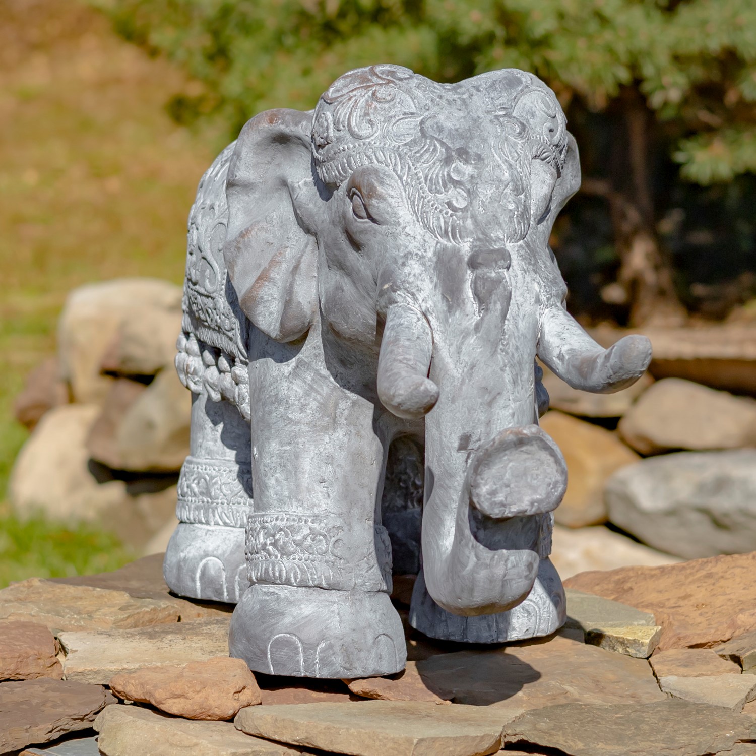 Magnesium Boho Elephant Statue in Original Grey (White Wash)