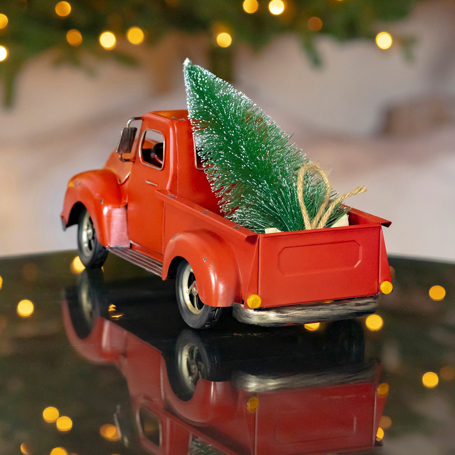 Red Iron Pickup Truck with Christmas Tree