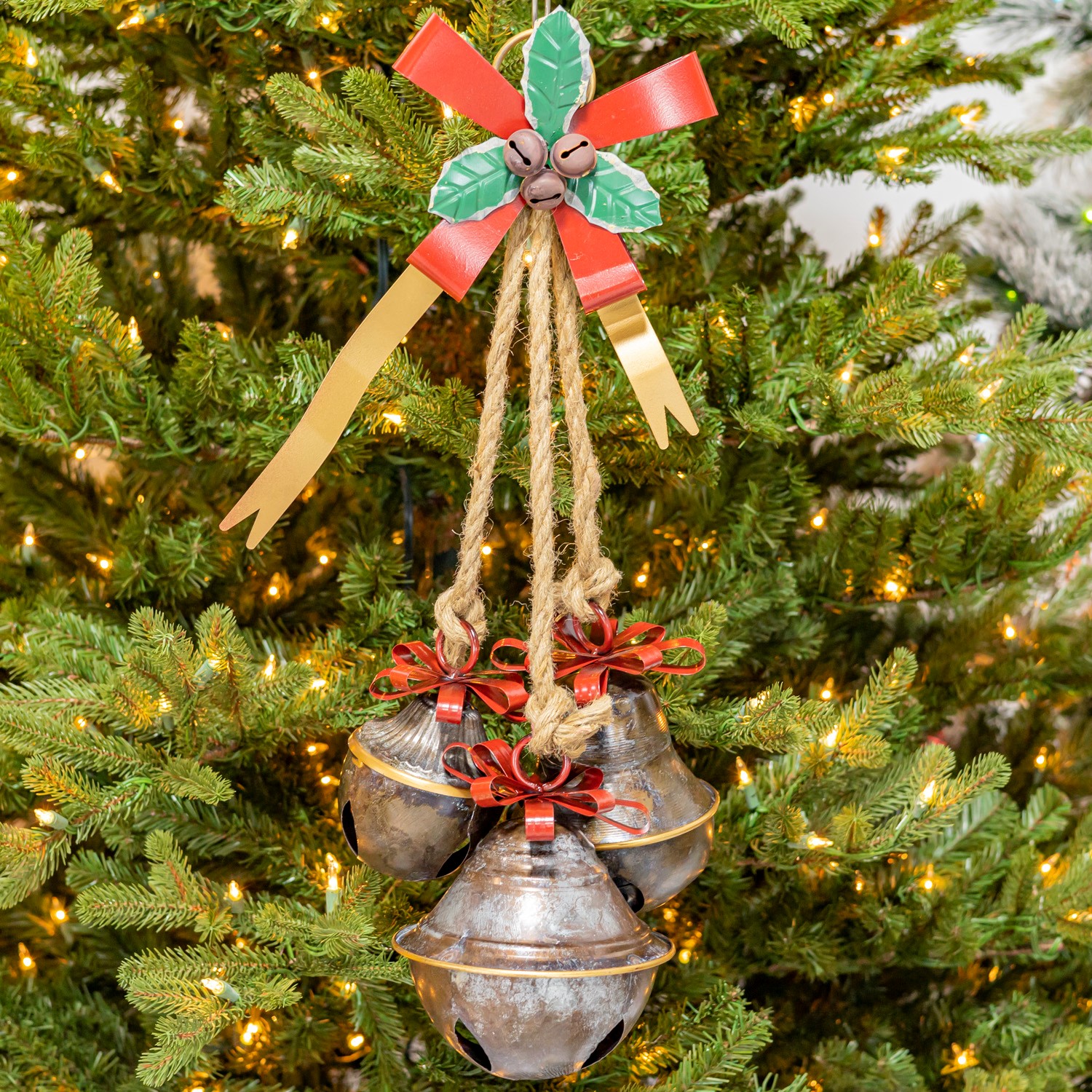 6” Galvanized Bells With Buffalo Check Bow Christmas Ornament